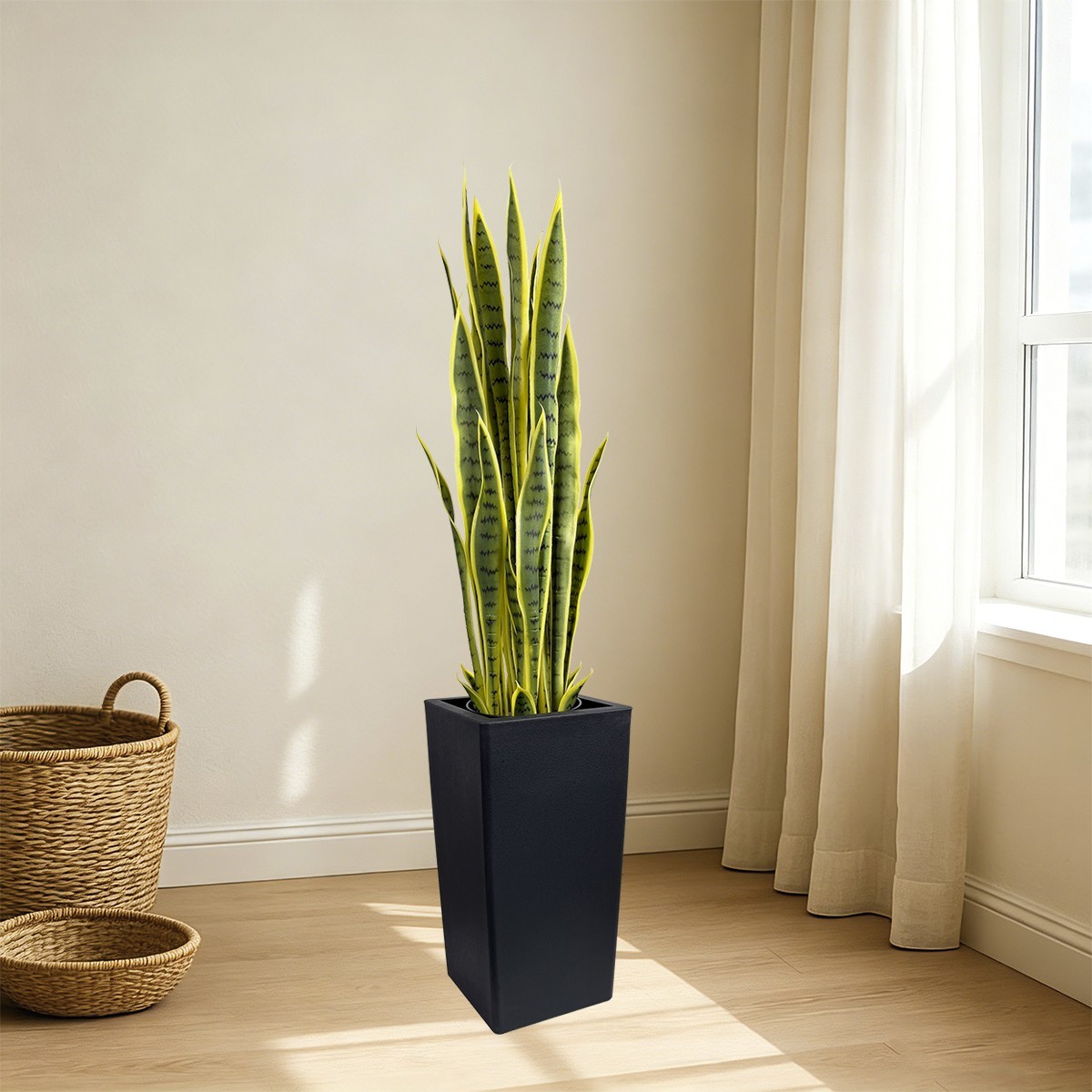 Artificial Snake Plant with Black Planter, Faux Sansevieria Floor Plant Decor