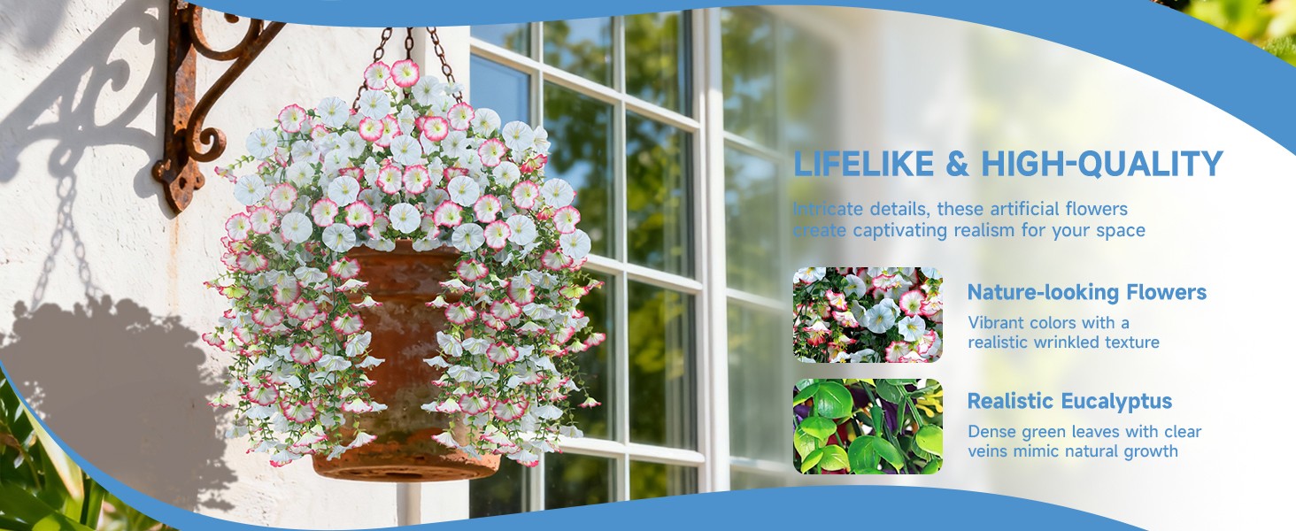 Artificial Hanging Flowers for Outdoors, 2 PCS 300 Blooms UV Resistant Morning