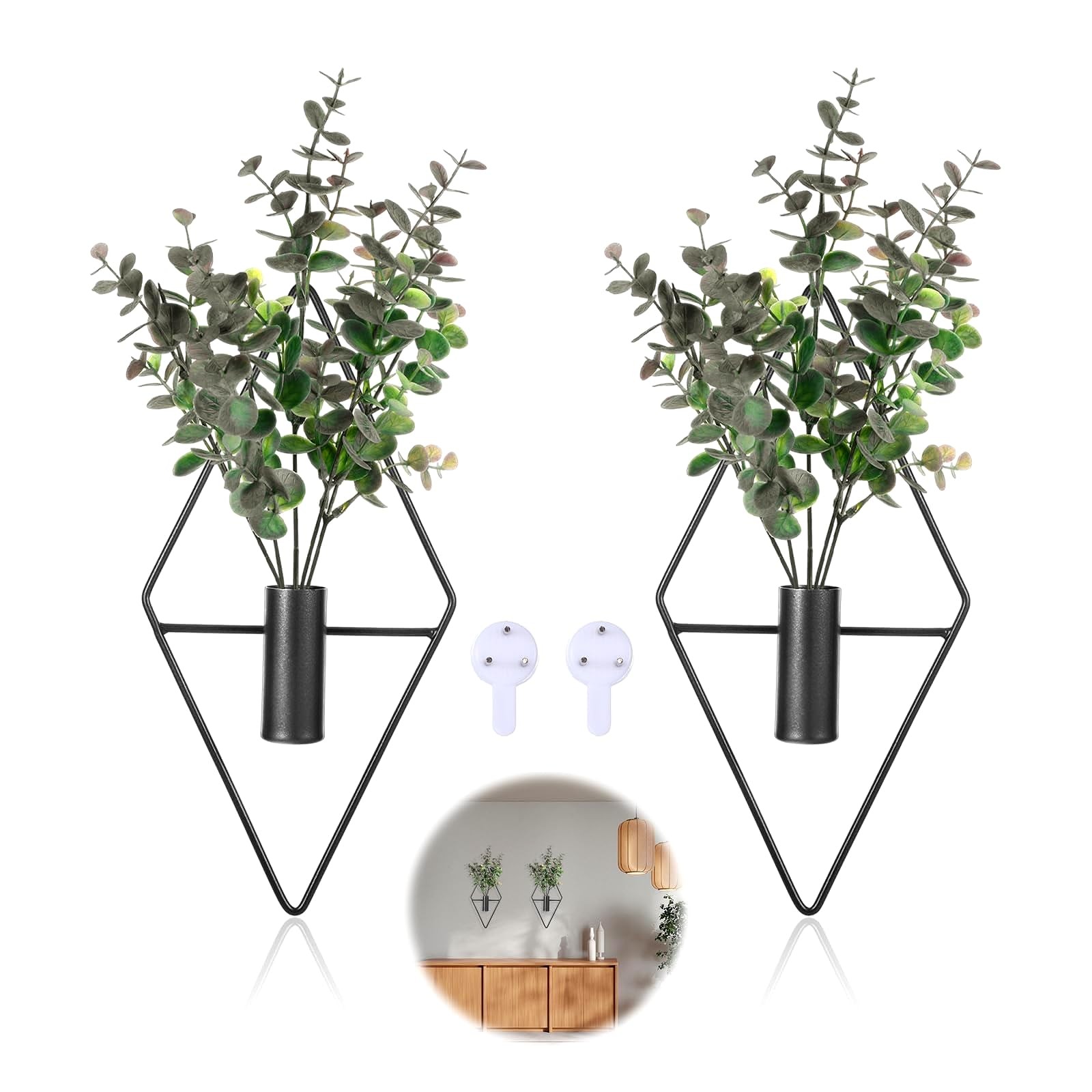 2Pcs Hanging Planters with Artificial Eucalyptus Metal Hanging Vase,Indoor Pl…