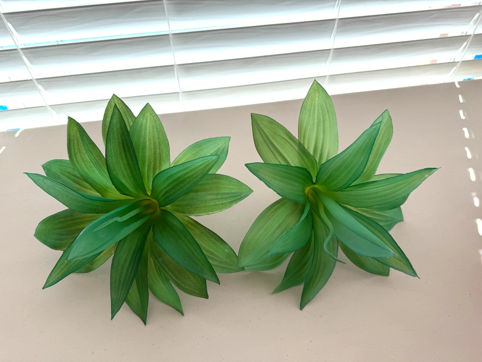 Lot 2 Faux Dracaena or Bromeliad artificial plastic plant picks (Sh17)