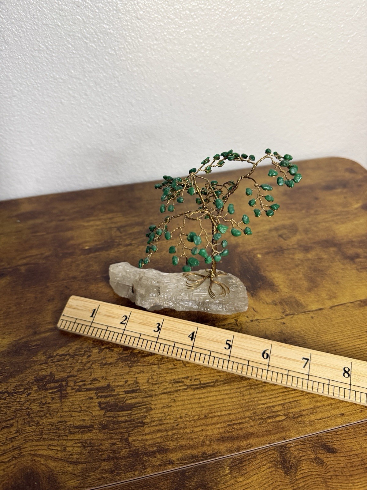 Small Vintage Bonsai Tree Cooper Stone Green Beads Flowers Leaves