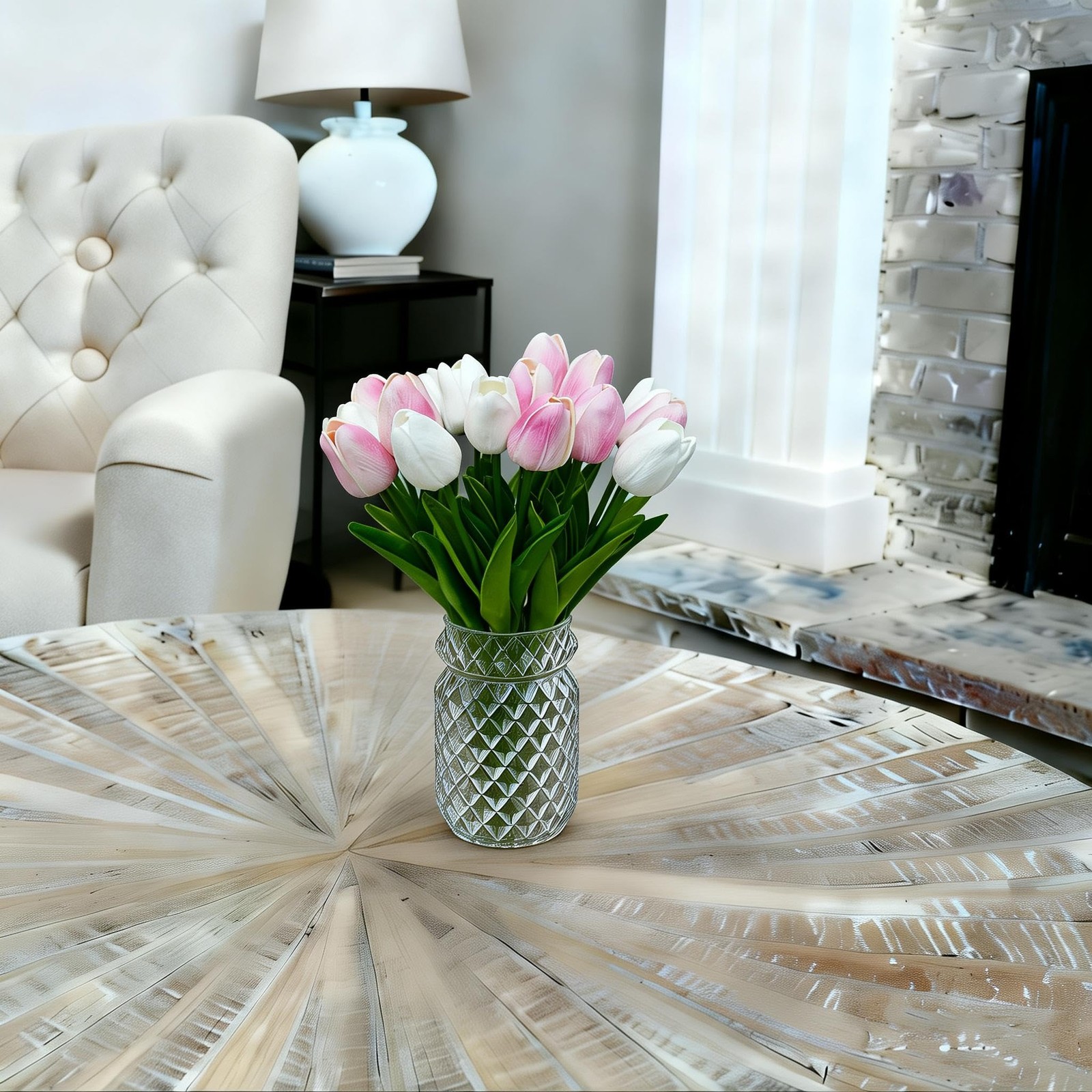 20 PCS White Pink PU Faux Tulips Flowers 13″ Fake Home Wedding Decor
