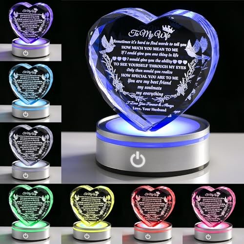 Gifts for Wife with LED Base, Romantic Crystal Keepsakes To My Wife #1 + Light
