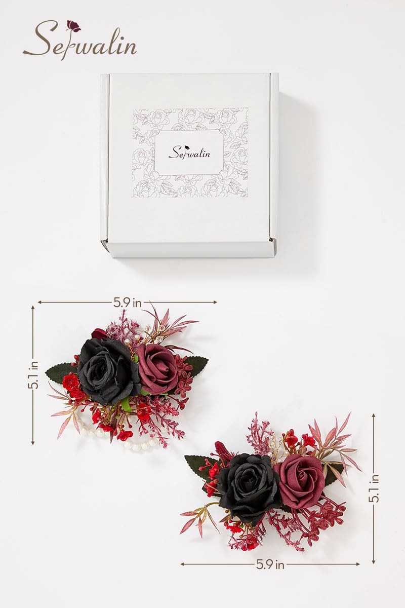 2 PCS Black Burgundy Wrist Corsage Boutonniere Set 67 Inch Wedding Prom Suit