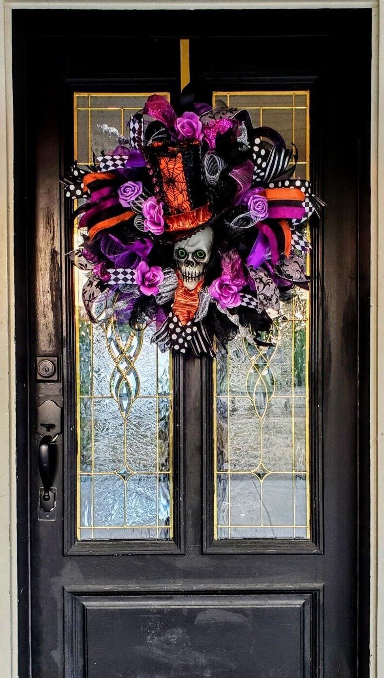 Halloween Wreath Decoration Large Deco Mesh Skull Top Hat Front Door Decoration