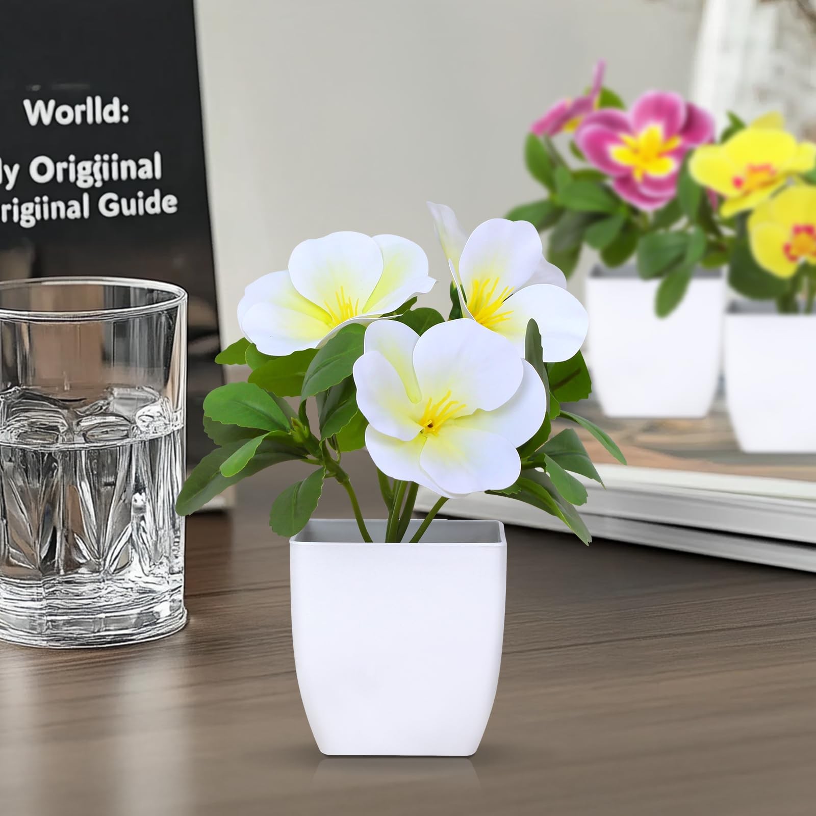 6 PCS 5.9 Inch Artificial Pansy Flowers Pots Mini Fake Plants Decor Greenery