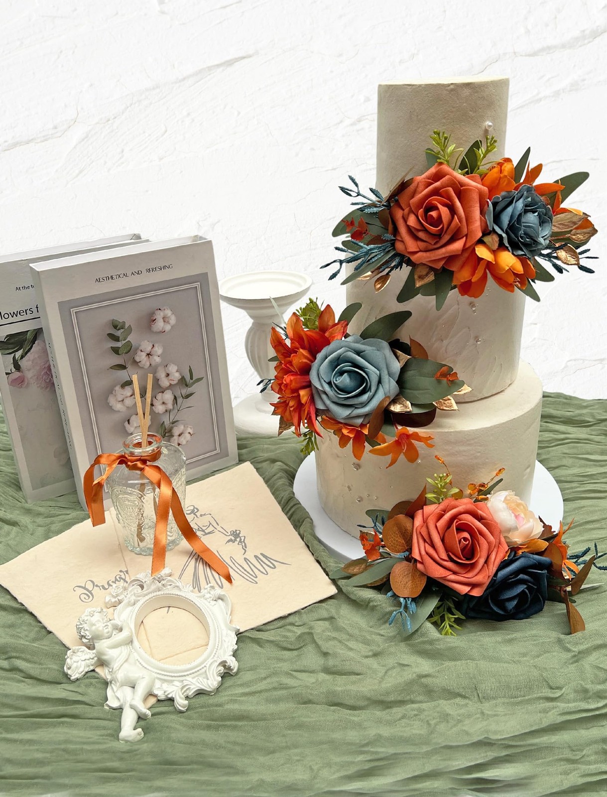 3Pcs Cake Topper Set Wedding Artificial Flowers Decor Burnt Orange-Blue Perfe…