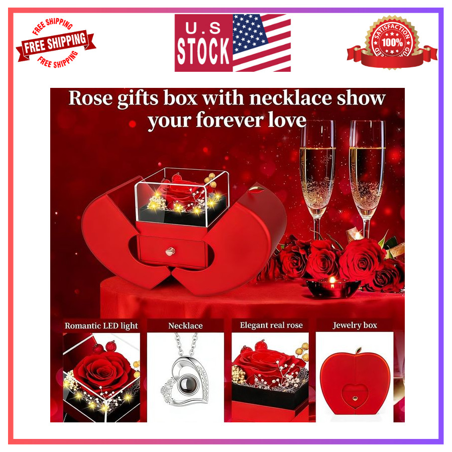 Preserved Red Rose with I Love You Necklace Gift for Women Mom Wife Girlfriend