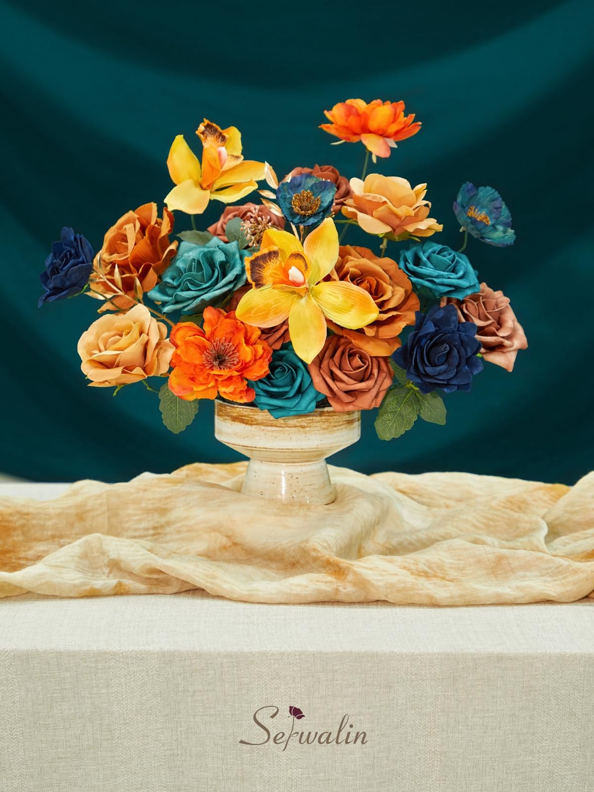 Teal Burnt Orange Artificial Silk Flowers Wedding Bridal Bouquet Party Decor