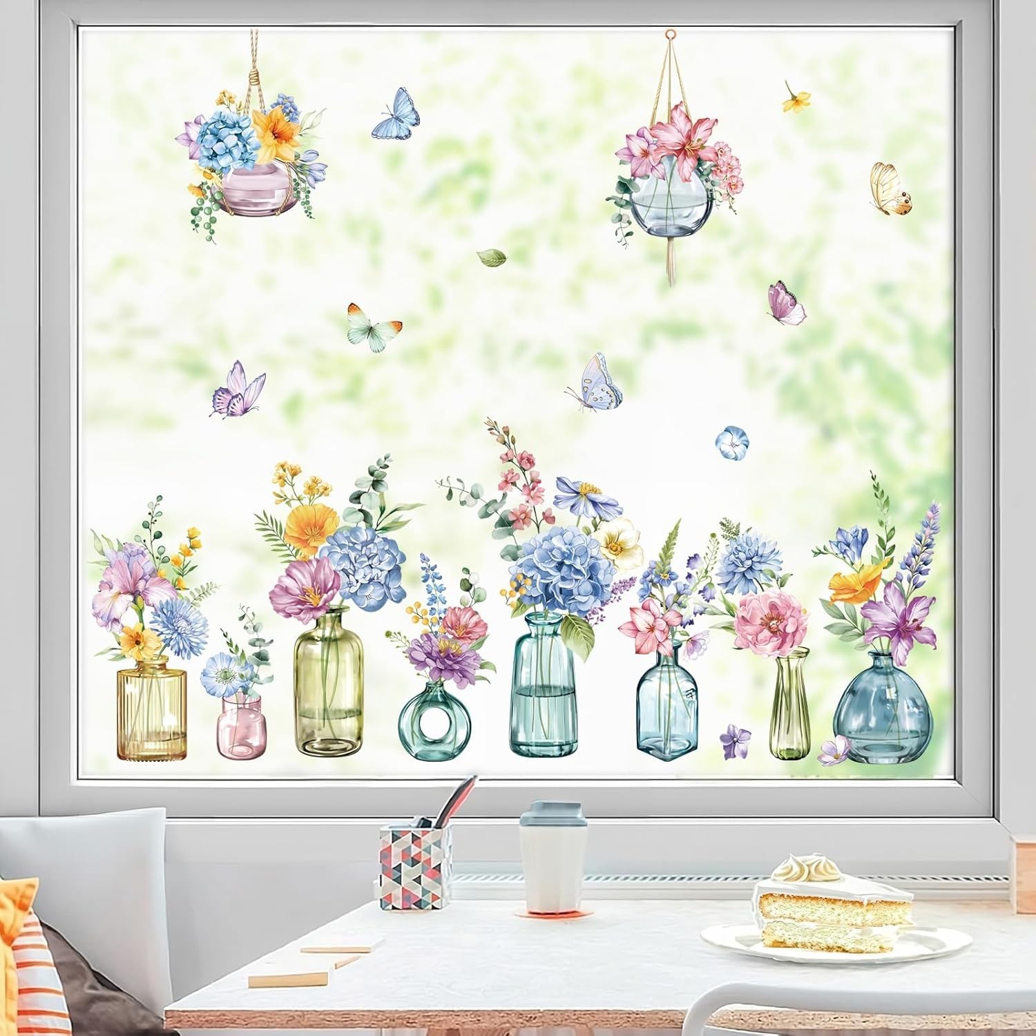 Spring Summer Potted Flowers Vase Window Clings Double Sided Blue Purple Wild…