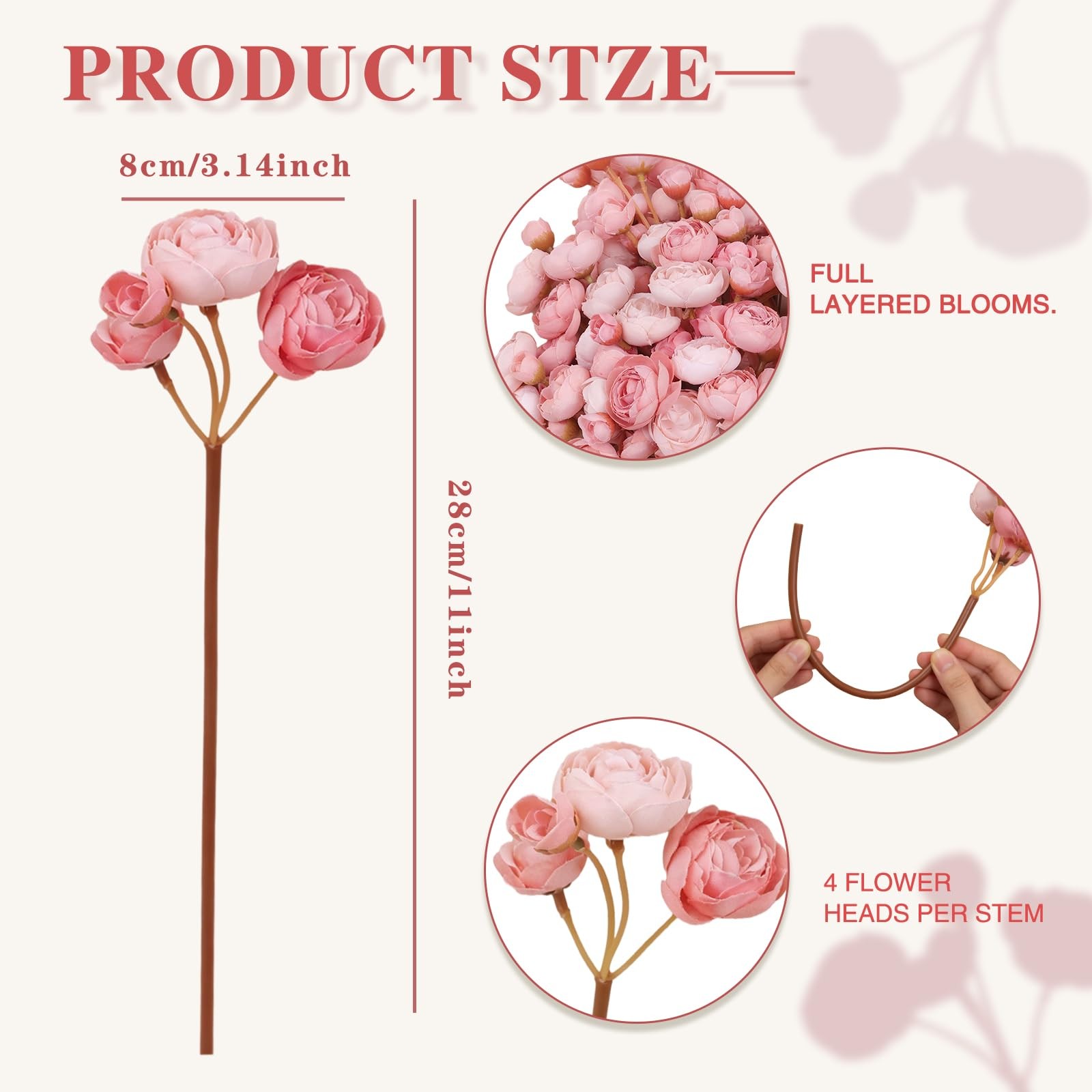 32 PCS Dusty Rose Real Touch Ranunculus Artificial Flowers Faux Peonies Bulk
