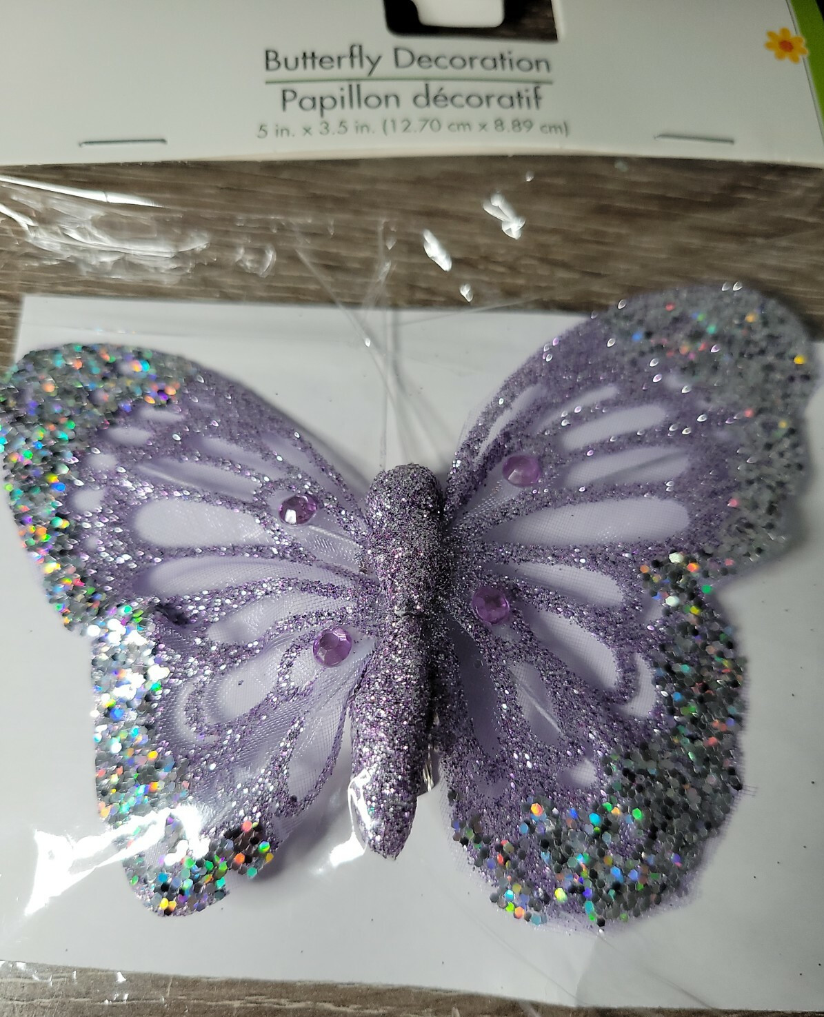 NEW! Floral Garden Sheer Rhinestone Glitter 5″x 3.5″ Purple Butterfly W/Clip