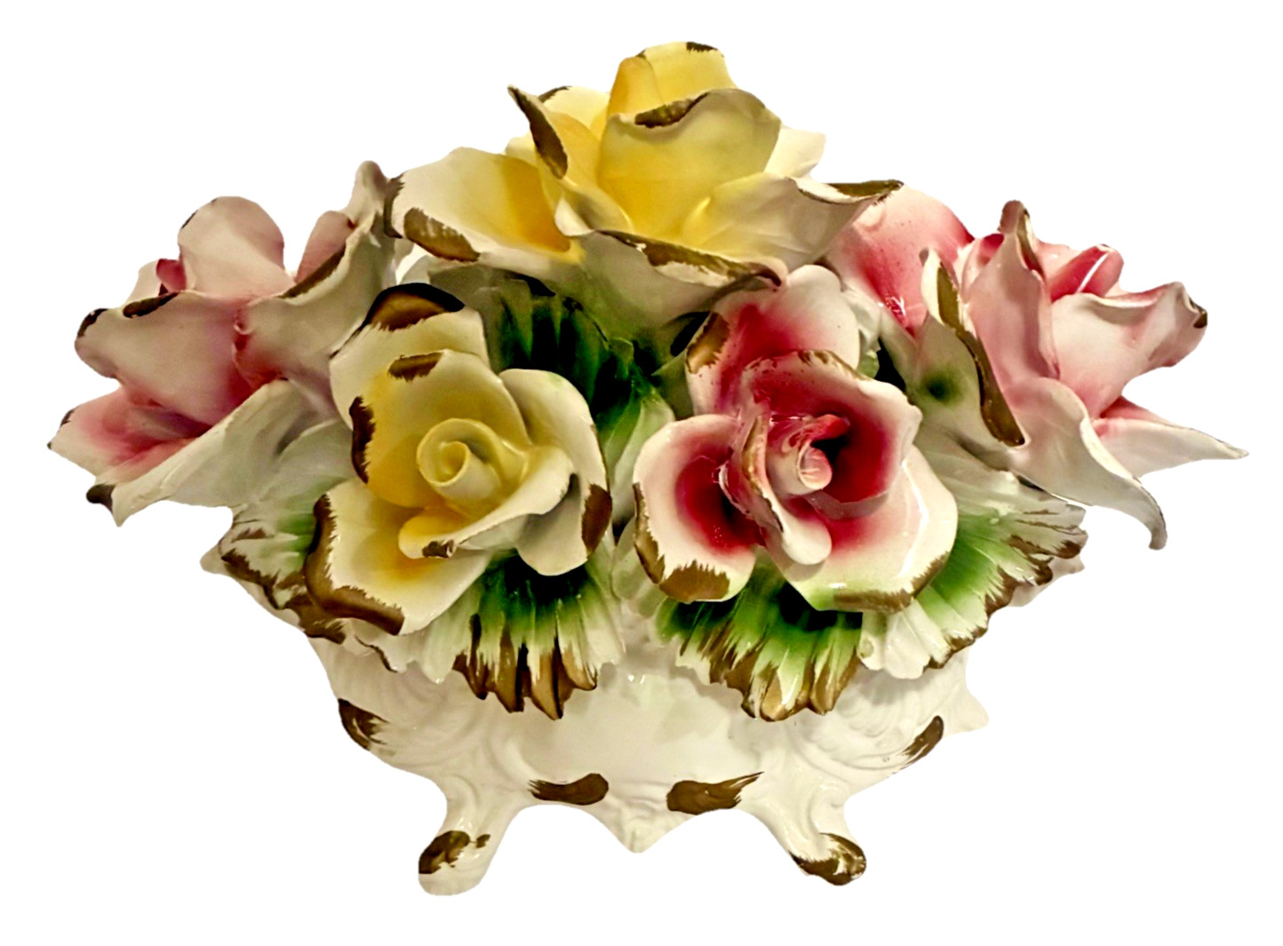 Vintage Capodimonte Italian Porcelain Pink and Yellow Seven Rose Centerpiece