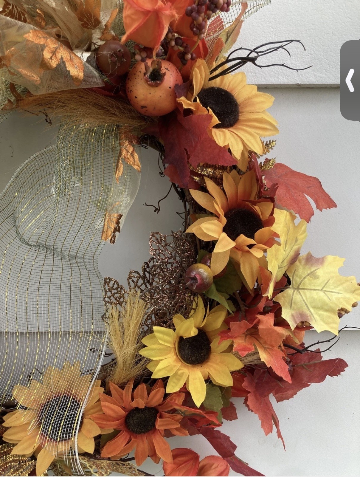 Sunflower Grapevine Country Rustic Wreath w Chinese Lanterns Pomegranate, ferns