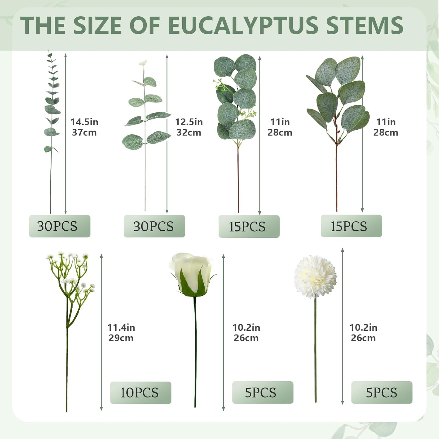 110 Pcs 7 Kinds Mixed Artificial Eucalyptus Stems, Fake Greenery Stems Silver Do