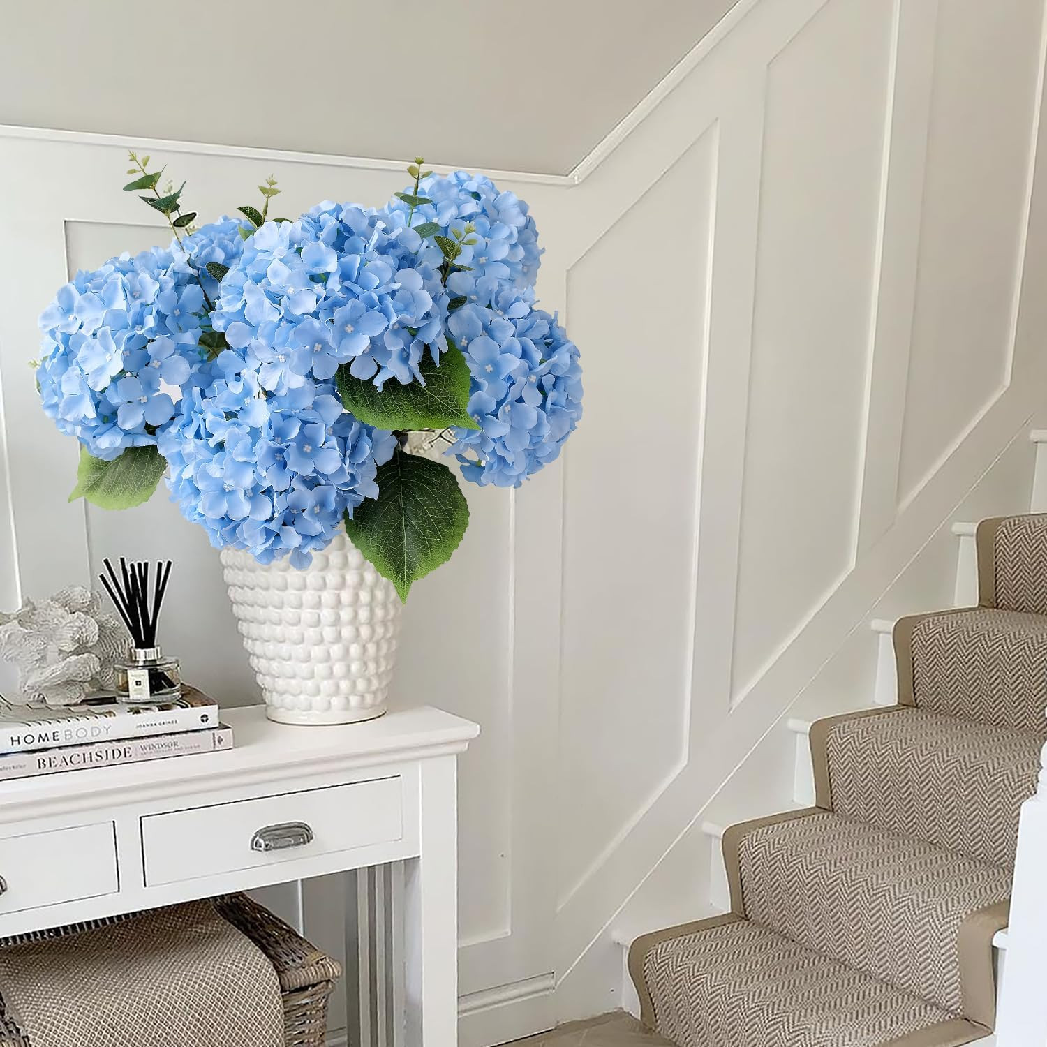 Blue Flowers Hydrangea Artificial Flowers, 5Pcs 20Inch Large Lifelike Silk Artif