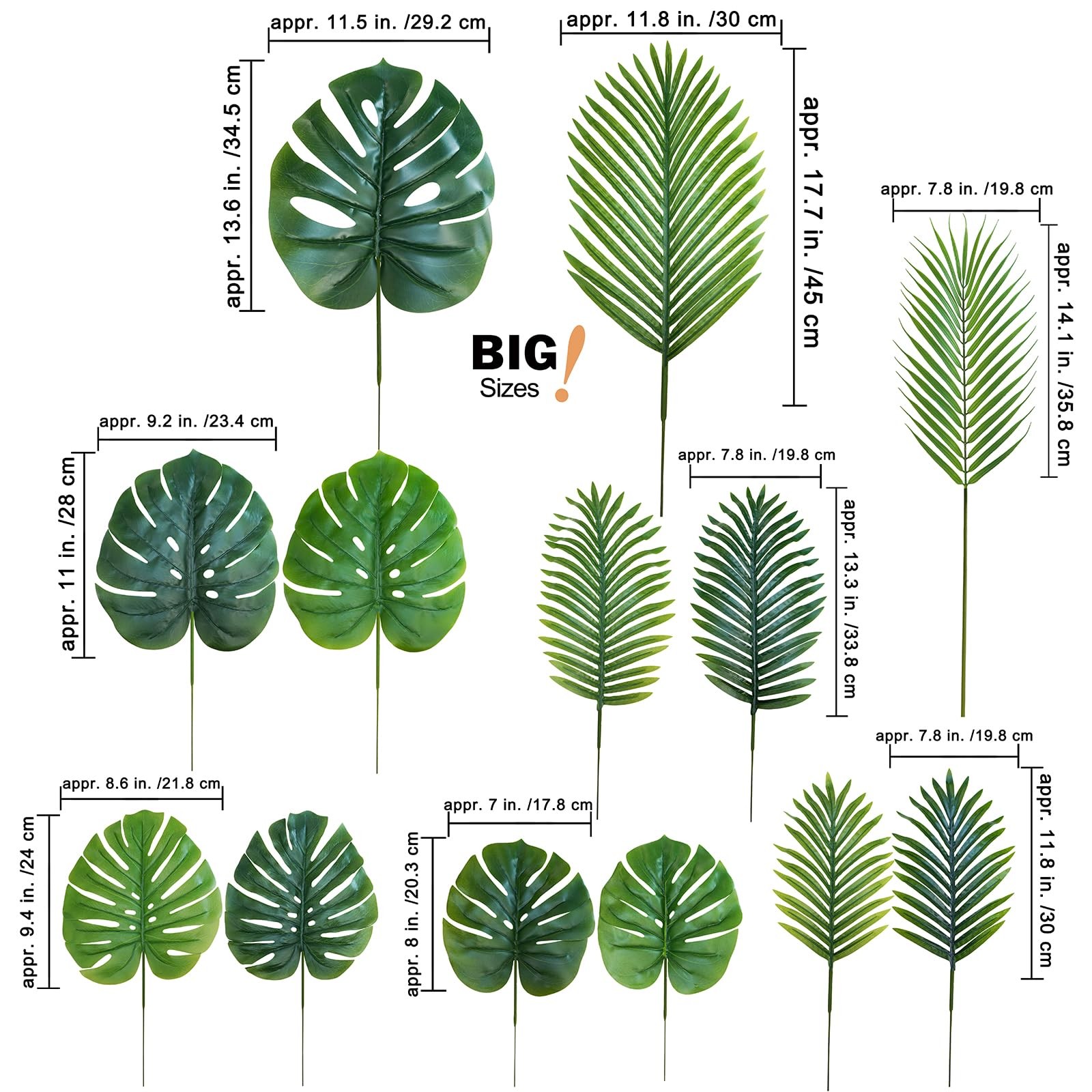 13 Pcs Assorted Artificial Tropical Leaves Set Decorative Real Touch Faux Mon…