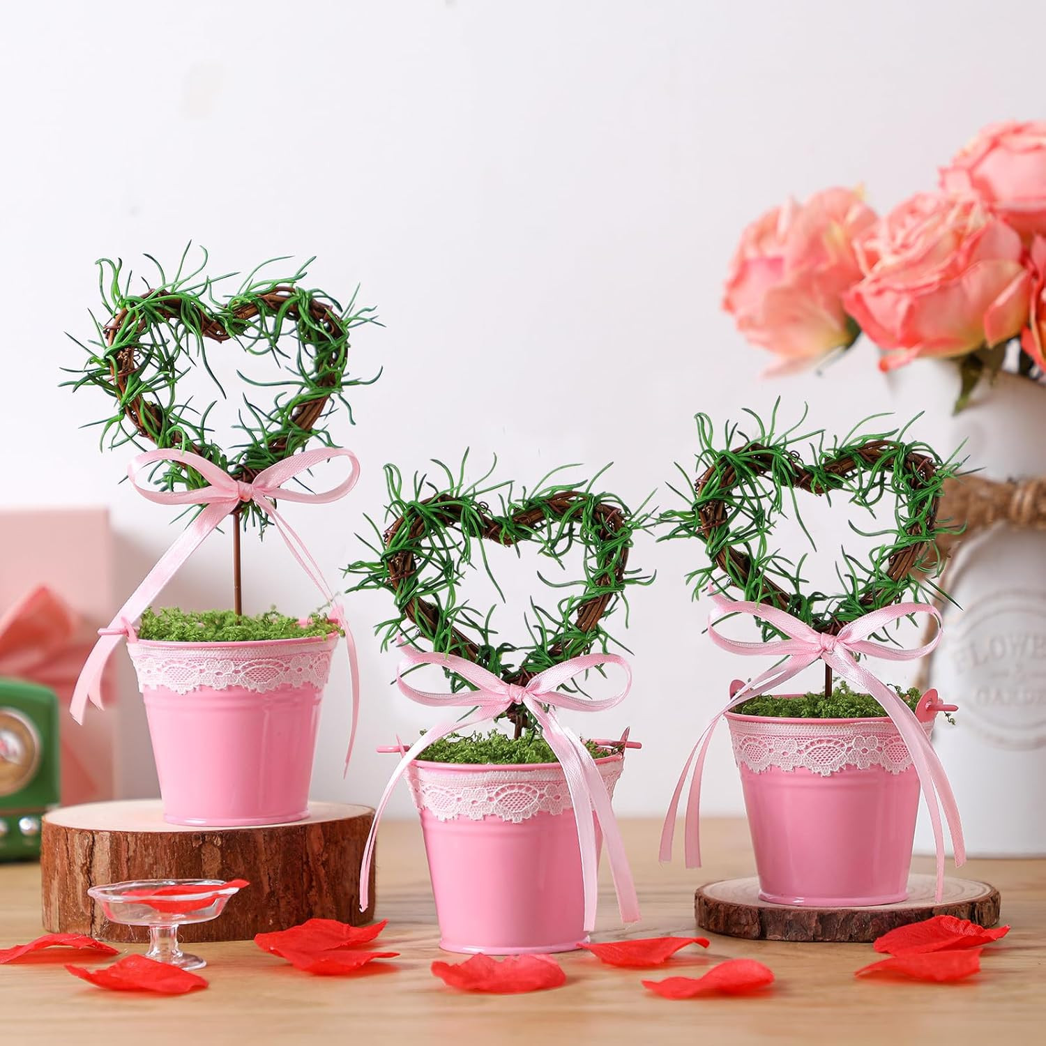 3 Pcs Valentine’s Day Heart Topiary Trees in Pots for Tabletop Decor