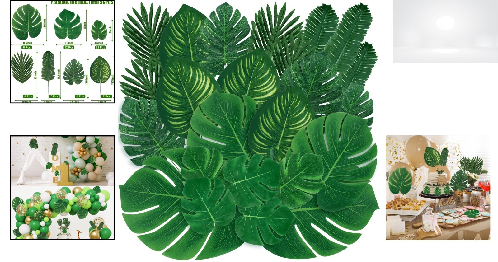Tropical Palm Leaves Artificial 56pcs Assorted Monstera Jungle Party Table Decor