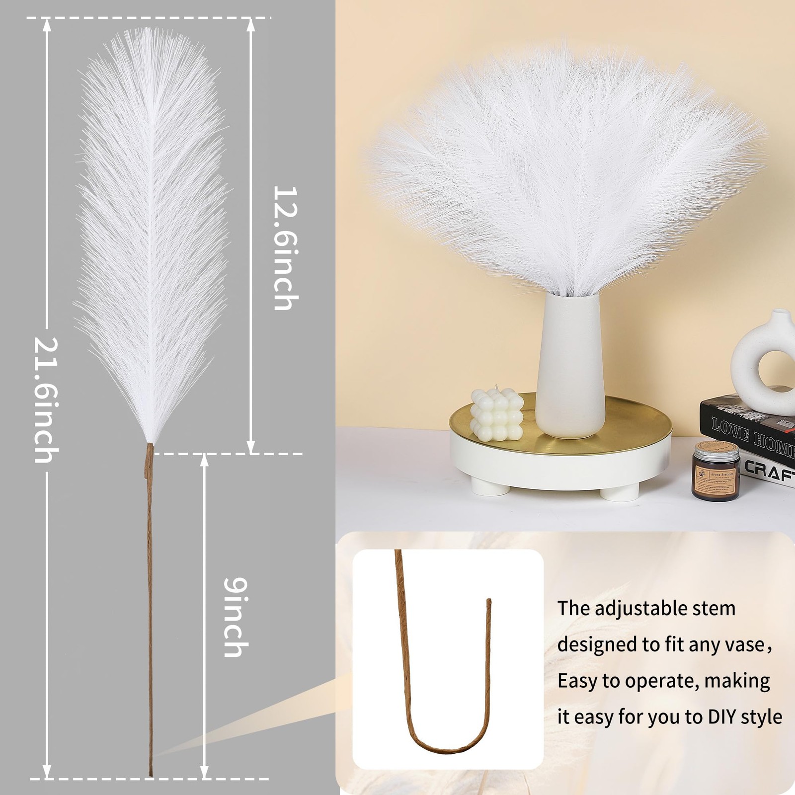 36Pcs White Pampas Grass 21.6 Inch Faux Pompas Grass Decor