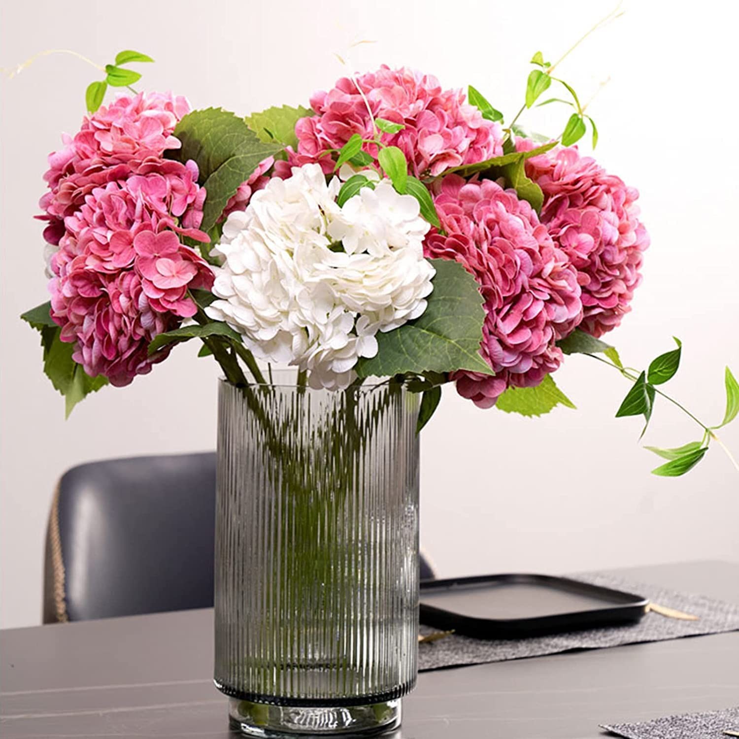 3 pcs Real Touch Hydrangea Artificial Flowers, 21″ Dark Pink Large Long Stems…
