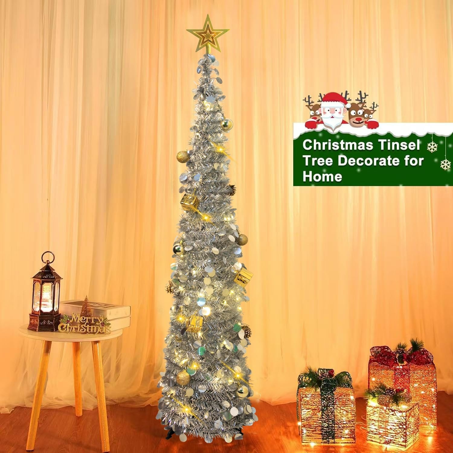5FT Silver Pop Up Pencil Christmas Tree Lights Artificial Prelit Slim Decor