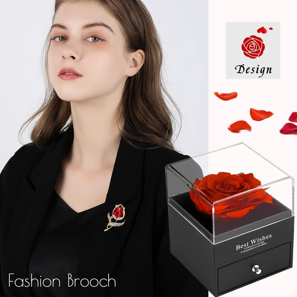 SWEETIME Preserved Red Rose Gift Box- Enchanted Real Roses with Ruby Brooch, Ete