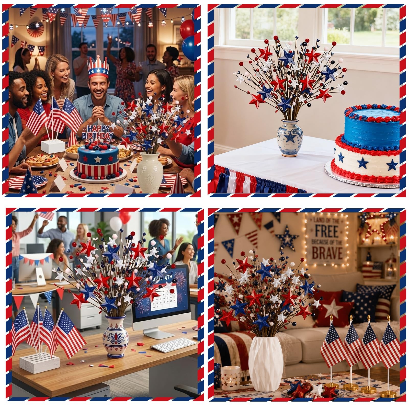 4 Pcs 4th of July Patriotic Artificial Stem Picks Red White Blue Stars and 6 …