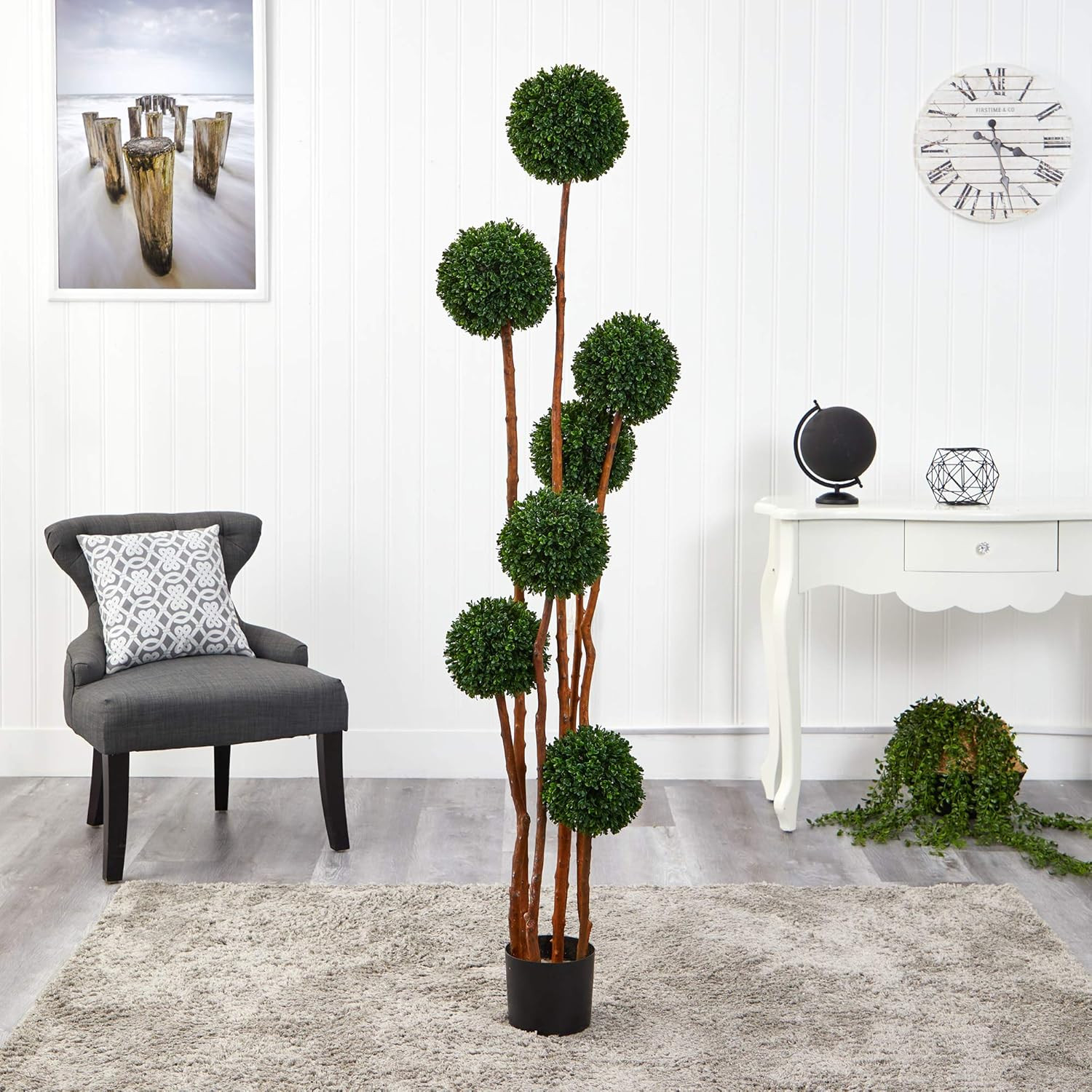 6Ft. UV Resistant Boxwood Ball Topiary Tree – Indoor/Outdoor Natural Trunk