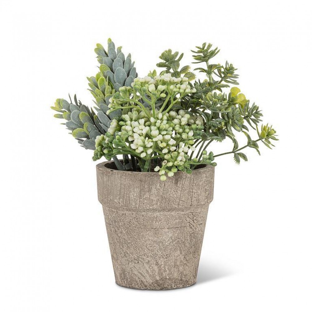 Small Mixed Greenery With White Buds In A Pot Faux Plants And Trees