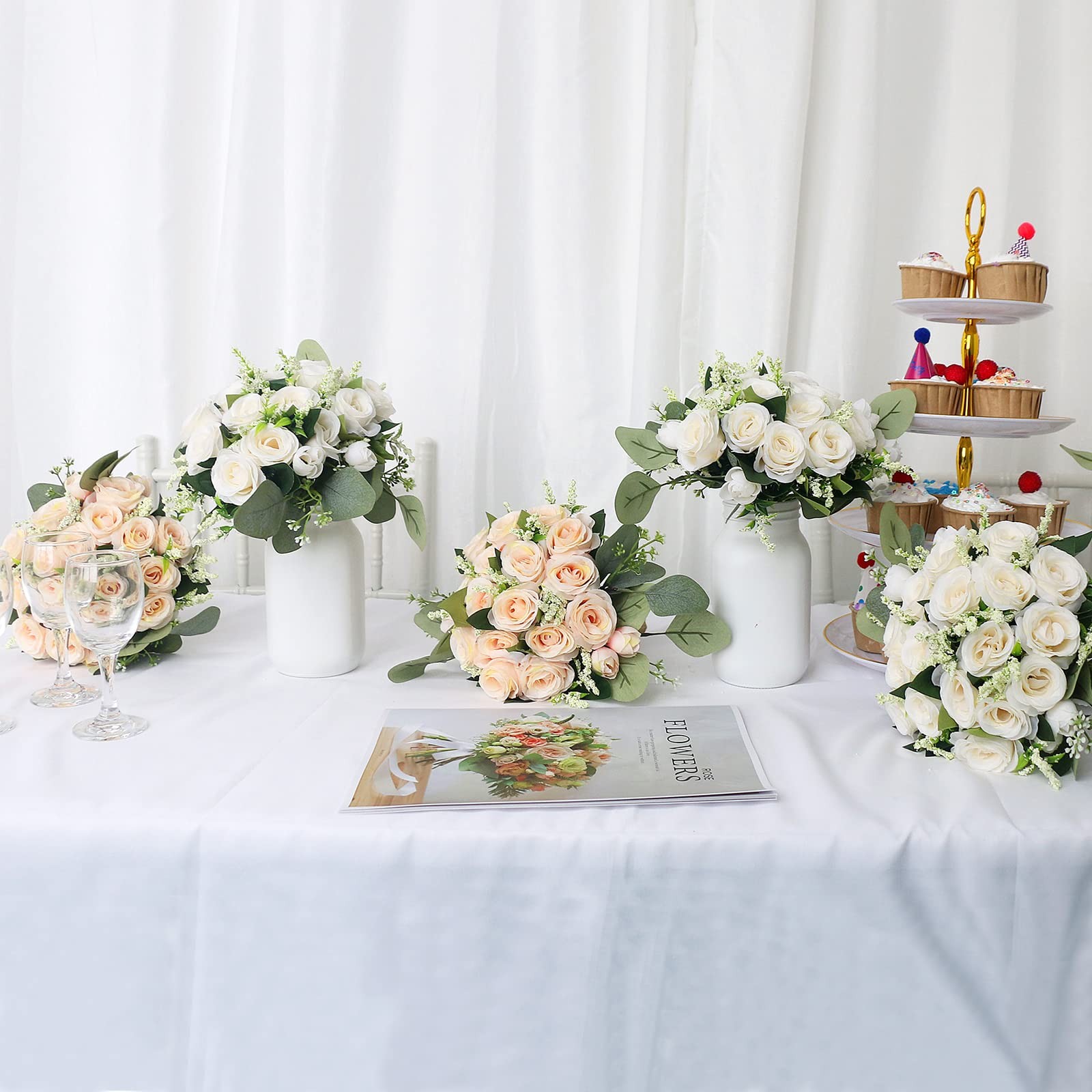 Set of 2 Bridesmaid Bouquets for Wedding – 7 Inch Artificial Ivory Flower Bou…