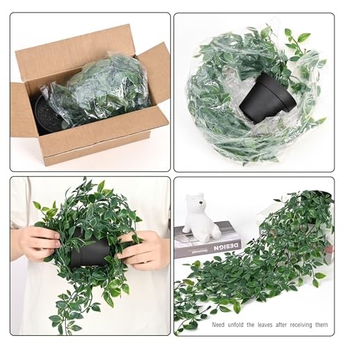 Fake Hanging Plants with Pot Deep Green Eucalyptus Leaves 2Pcs Mandala Vines