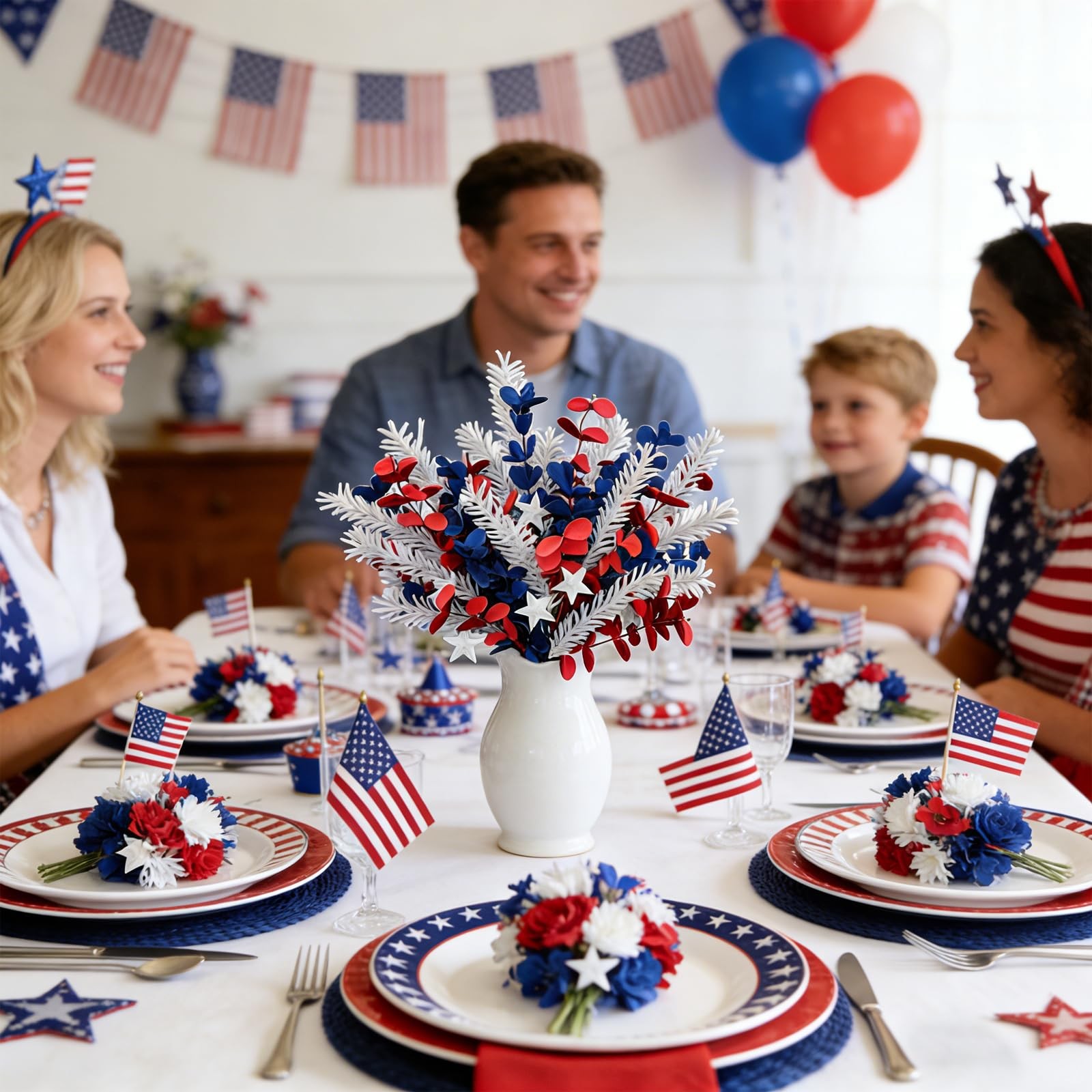 6 Pcs Patriotic Decor Stems with Red Blue PE Flowers, White PE Tassels & 2 St…