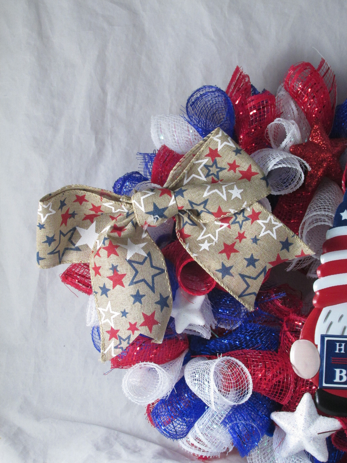 Patriotic Stars and Stripes Curly Deco Mesh Knome Wreath