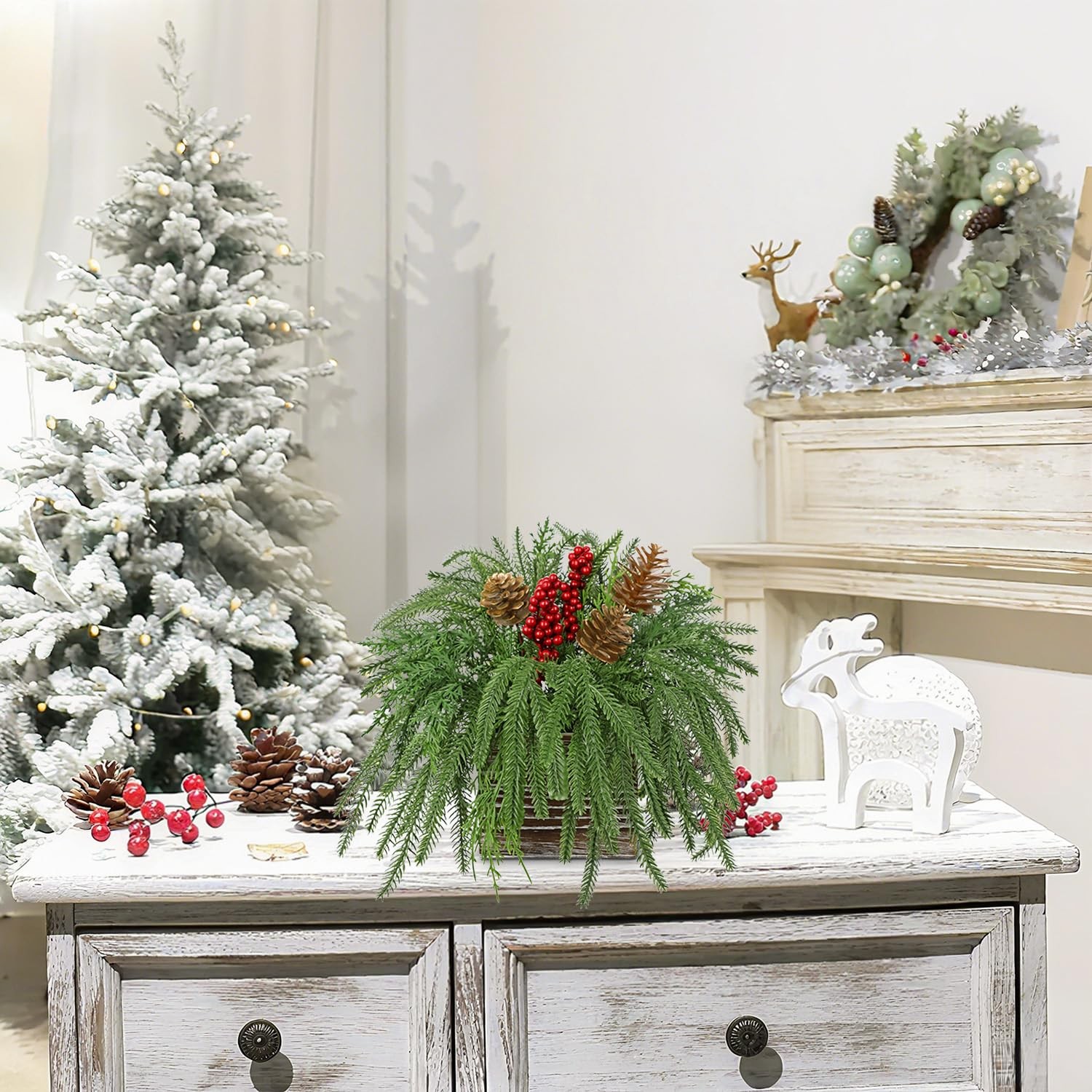 10 Inch Artificial Christmas Norfolk Pine Red Berries Pinecones Wooden Box Faux