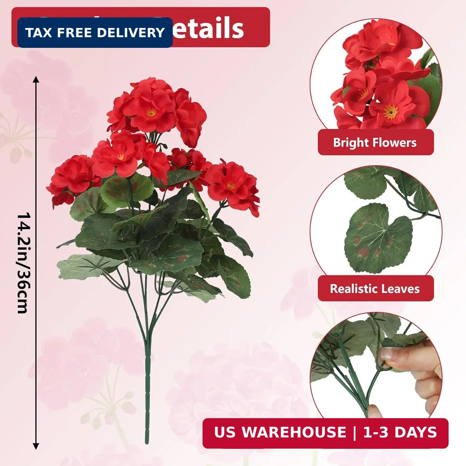 Artificial Flowers for Outdoors, Realistic Fake Flowers UV Resistant Silk Gerani