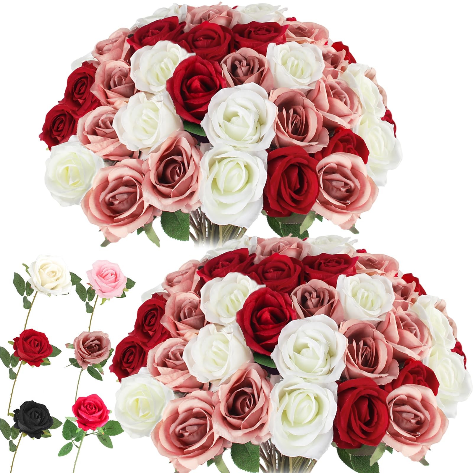 Artificial Roses Bulk White Rosy Silk Rose with Stem, 52pcs Fake Flowers Deco…