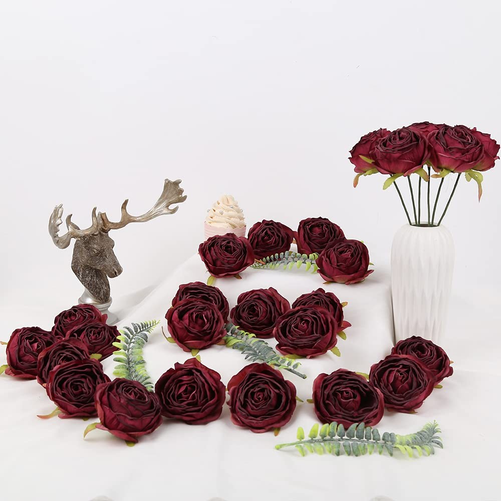 IPOPU Burgundy Artificial Flowers Roses Heads 25pcs Fake Dried for Decoration