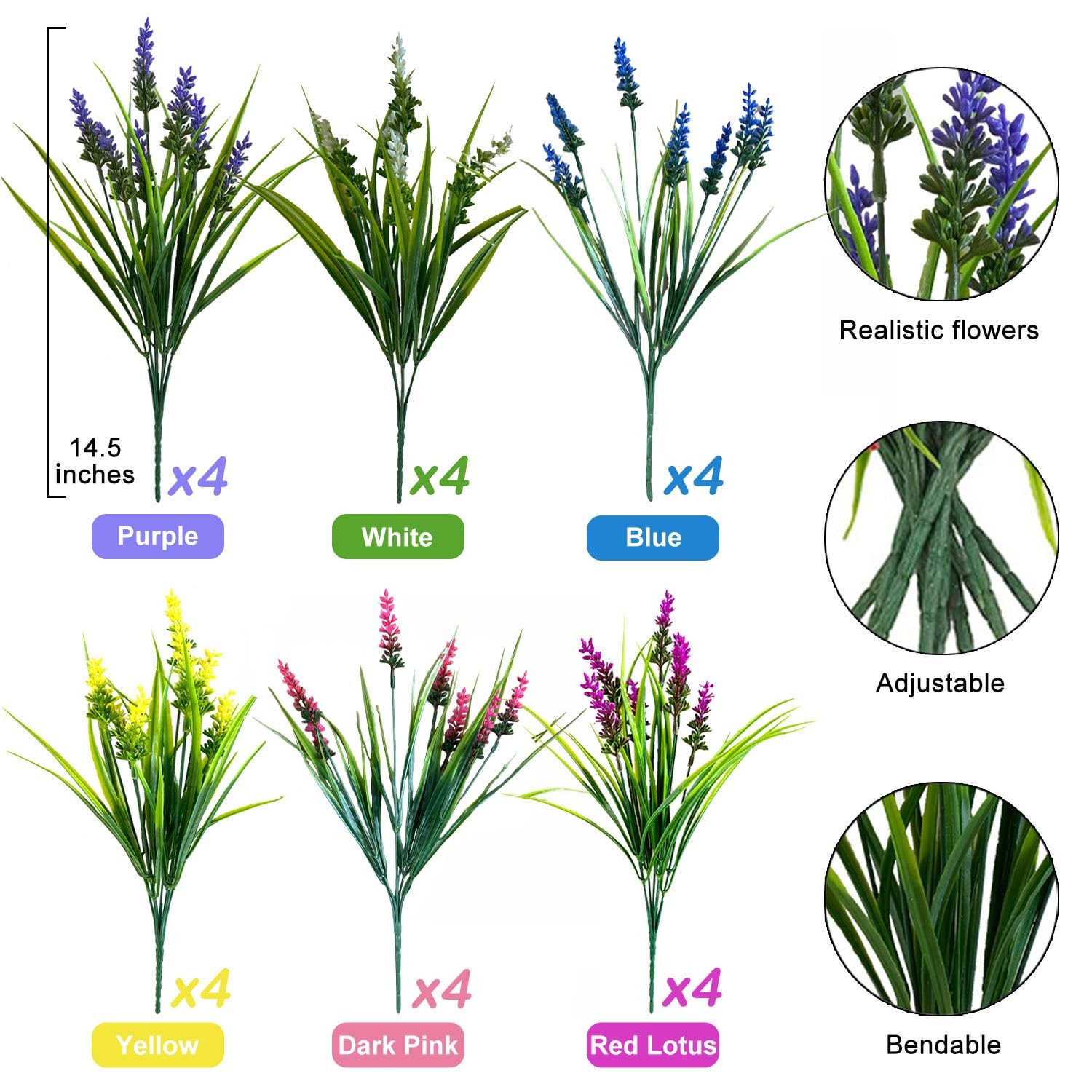 Artificial Flowers for Outdoors, 24 Bundles 6 Colors Fake Lavender Flowers Mo…