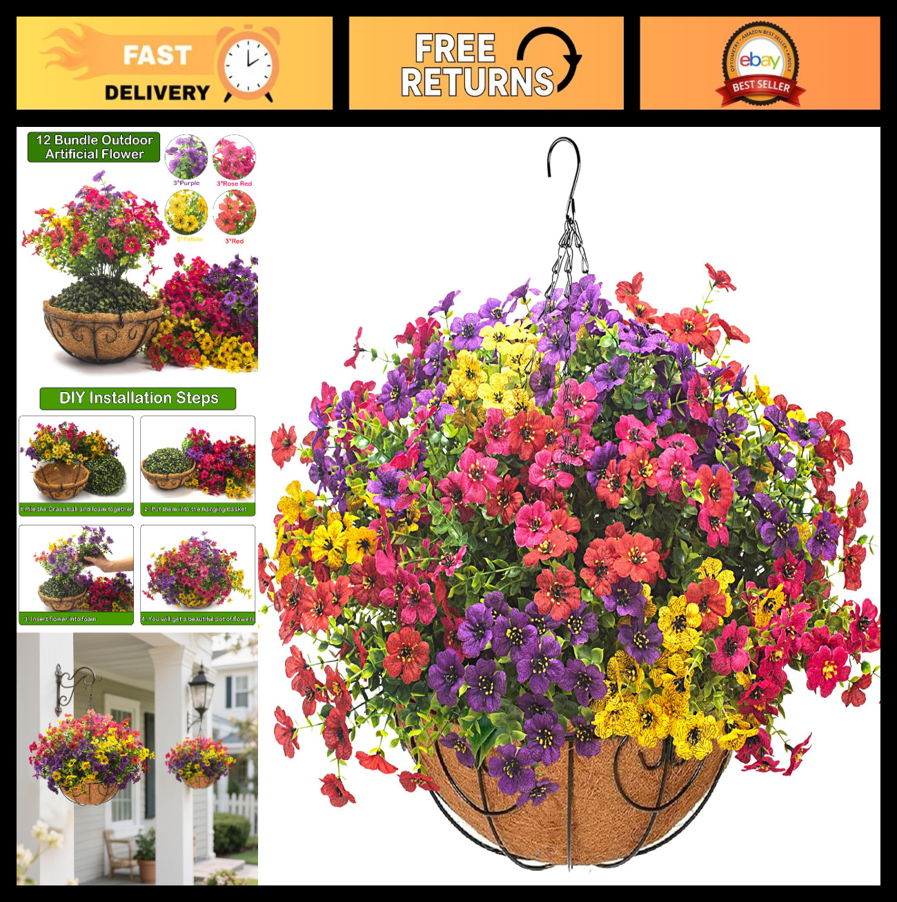 Colorful Silk Daisies & Eucalyptus Hanging Basket – UV Resistant Outdoor Decor