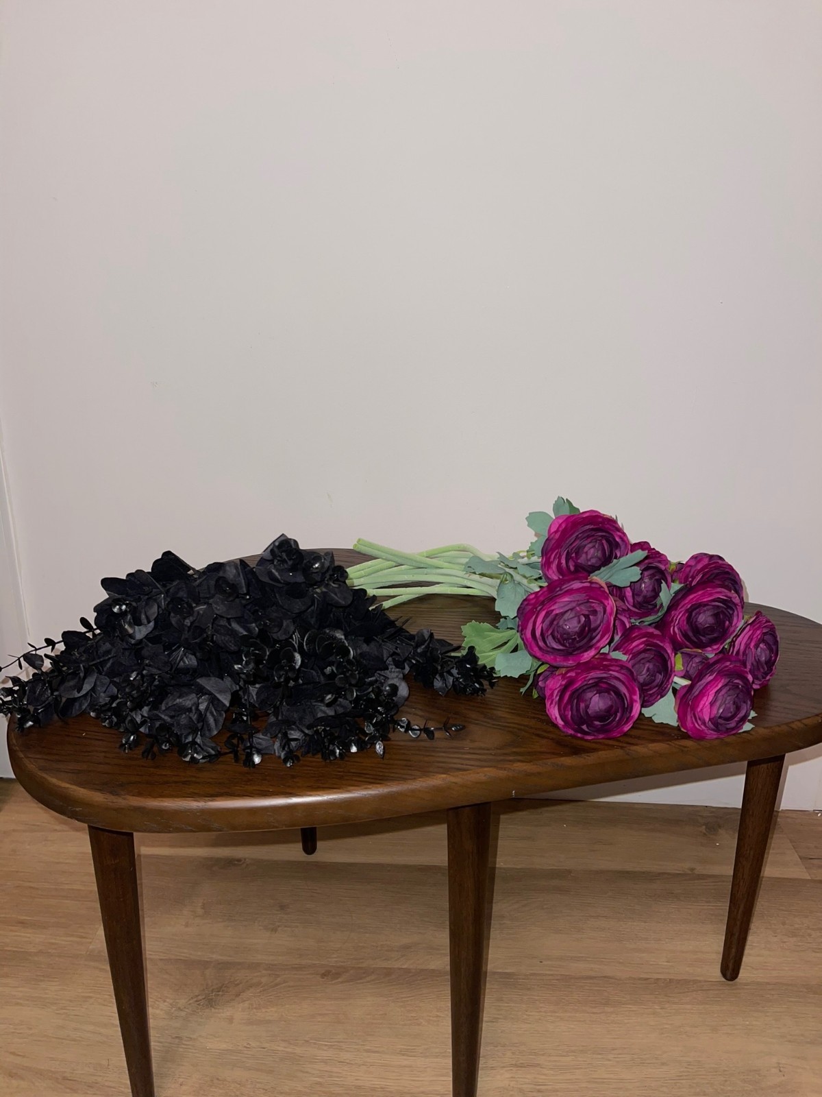 Black Eucalyptus Foliage + Purple Ranunculus Flower Bundle | Gothic Decor