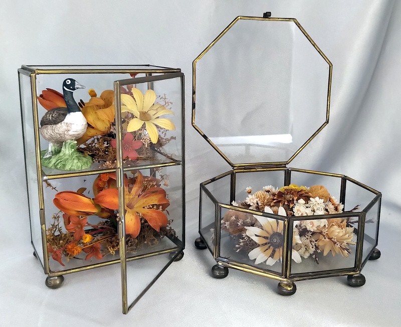 Lot (2) Vintage Octagon/Rectangle Glass Boxes w/ Dried Fall Floral Arrangements