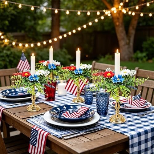 6 PCS Patriotic American Taper Candle Rings Wreaths 1.38″ Mini 4th of July Flora