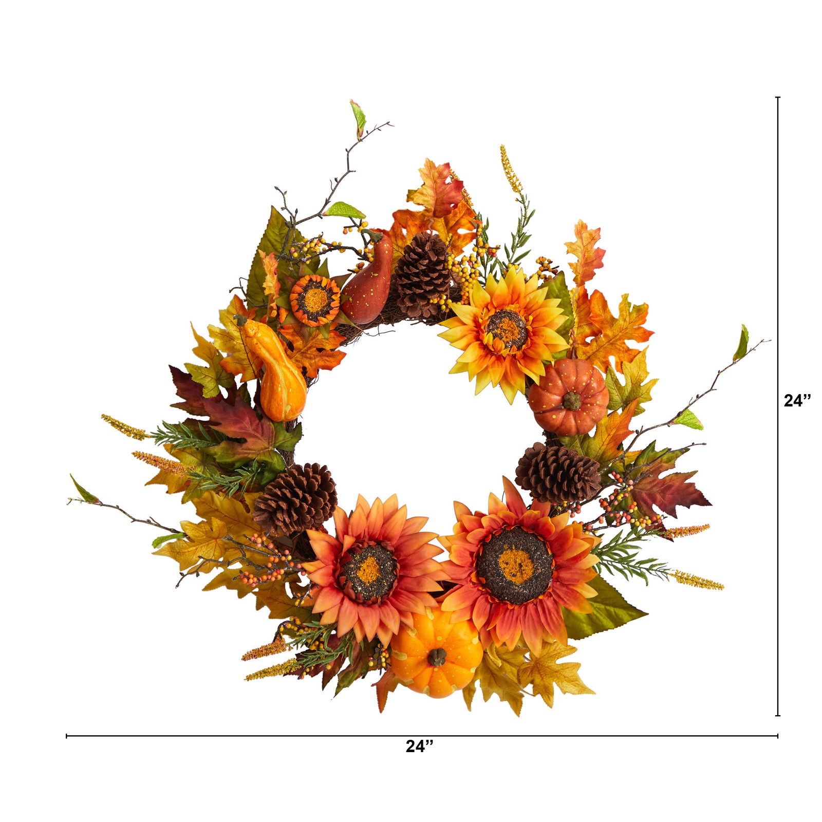 24″ Fall Sunflower/Pumpkin/Gourds/Pinecone/Berries Artificial Wreath in Orange