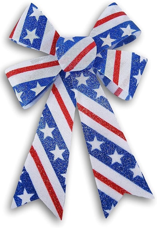 1 Patriotic Holiday Glittery Stars & Stripes Decorative Burlap Bow – 7.5 x 12.2