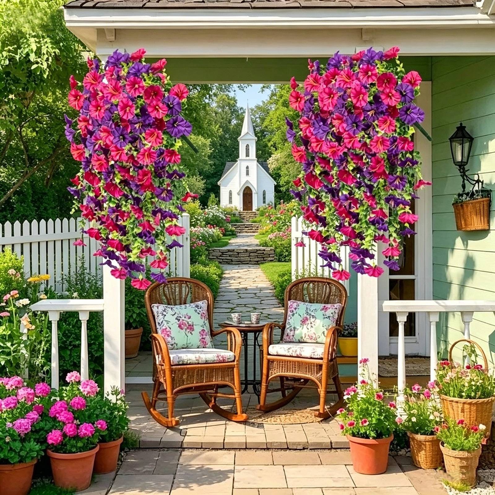 4PCS Artificial Morning Glory Vines UV Resistant Hanging Flowers Outdoor Decor