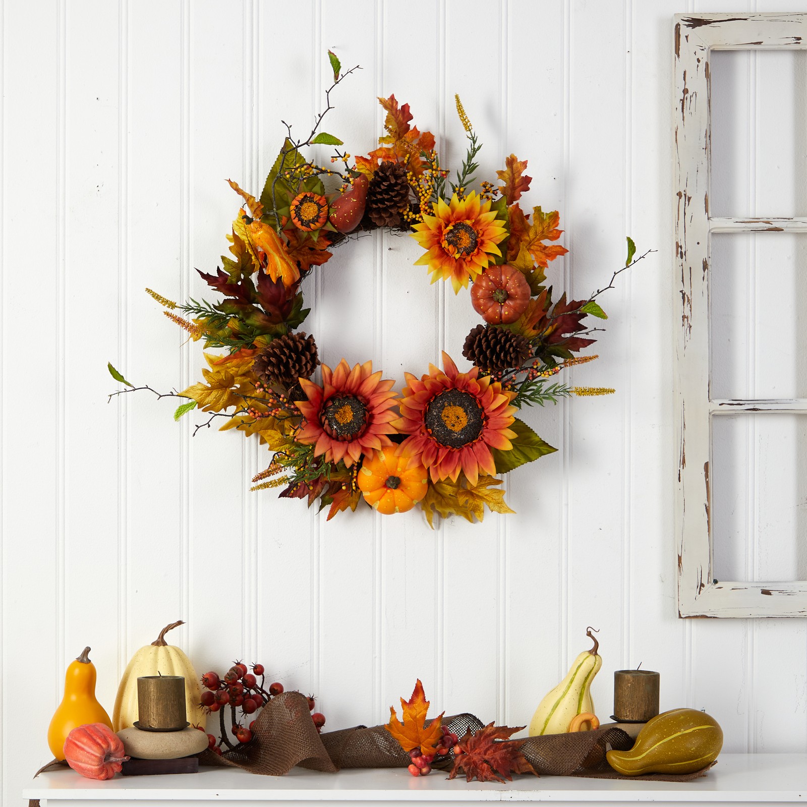 24″ Fall Sunflower/Pumpkin/Gourds/Pinecone/Berries Artificial Wreath in Orange
