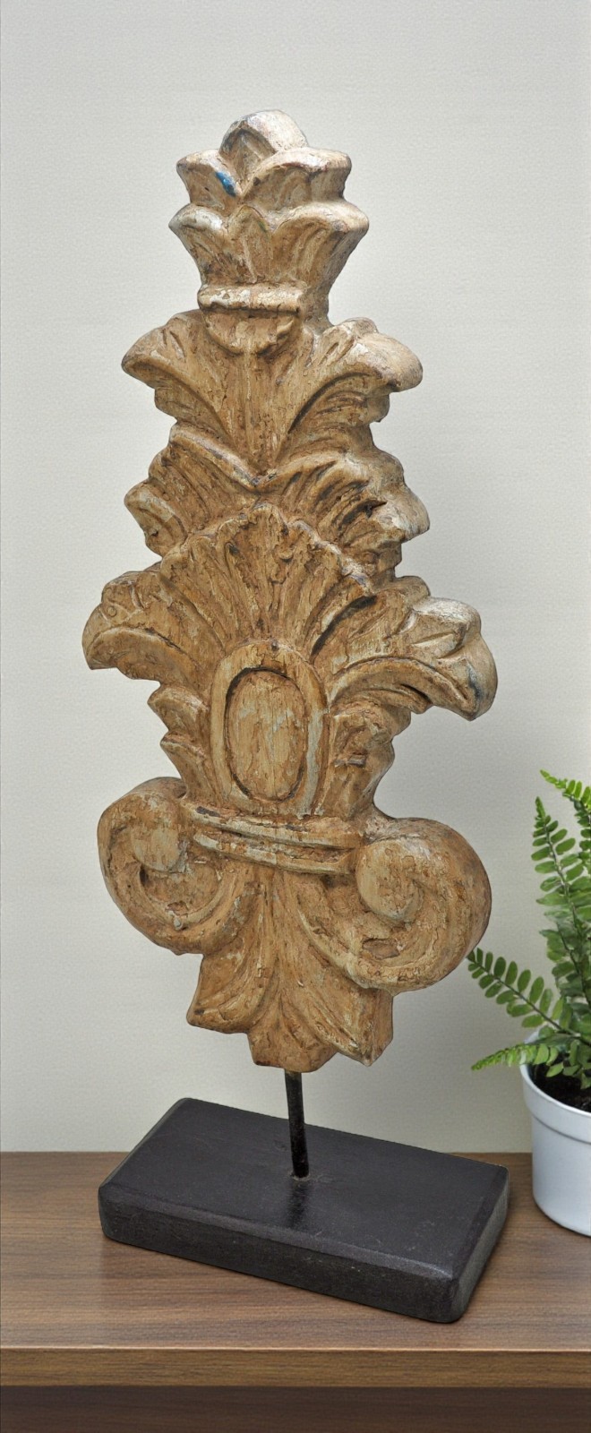 Hand Carved Wooden Flower Carving Panel Plaque on Stand Rustic White Painted