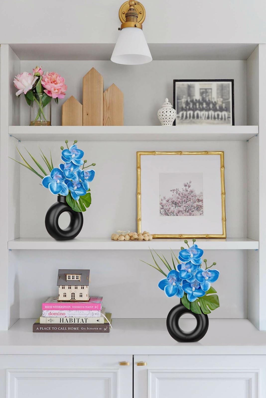 2PCS Blue Artificial Orchid, Black Ceramic Pot, Silk Flower, Table Decor