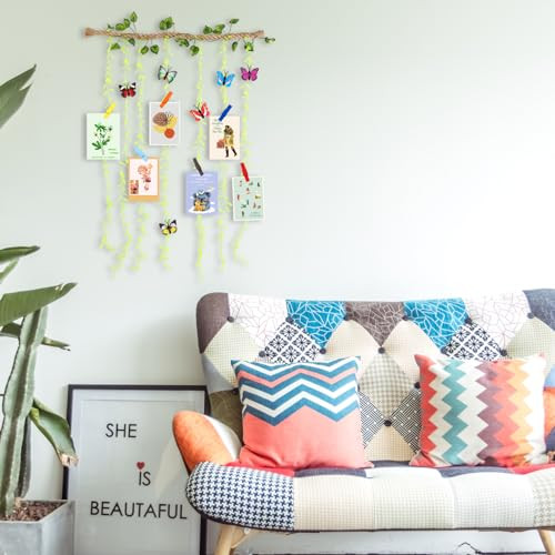 Wall Hanging Photo Display with Artificial Leaves Vines, Macrame Photo